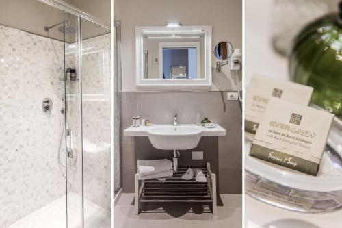 two pictures of a bathroom with a sink and a shower at Hotel Lido in Alassio