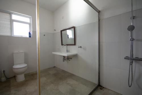 een badkamer met een toilet, een wastafel en een spiegel bij Villa Victoria Edge in Digana