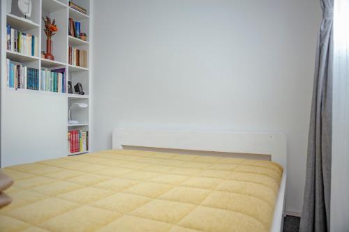a bed in a room with a book shelf at Apartman Pletisanak in Gornji Milanovac