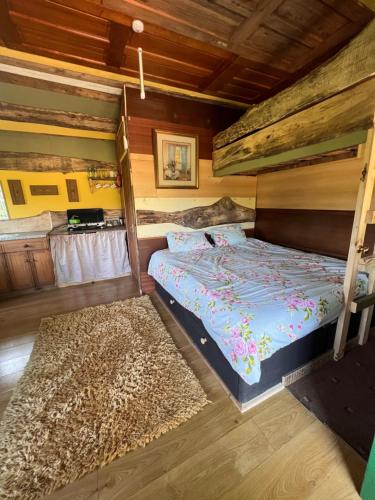 a bedroom with two bunk beds and a rug at Foxglove lodge in Llanelli