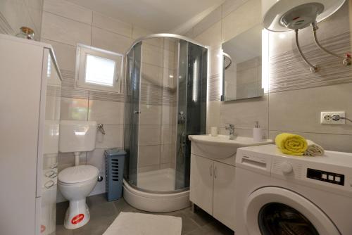 ein Bad mit einem WC, einem Waschbecken und einer Dusche in der Unterkunft Kuća za odmor Ante in Lišane Ostrovičke