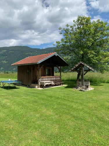 Cabaña de madera con mesa de picnic y árbol en Haus Wassermann, en Kleblach
