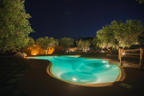 a swimming pool in a yard at night at Le Lenze Don Mimì Glamping in Mattinata