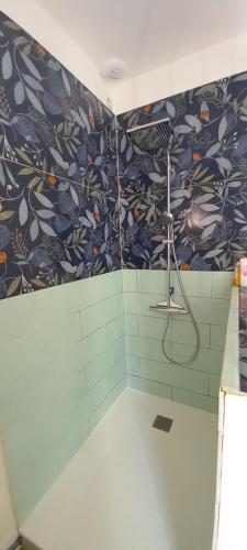 une salle de bain avec douche dans une pièce avec du papier peint floral dans l'établissement La Croisée des Chemins, à Arques-la-Bataille