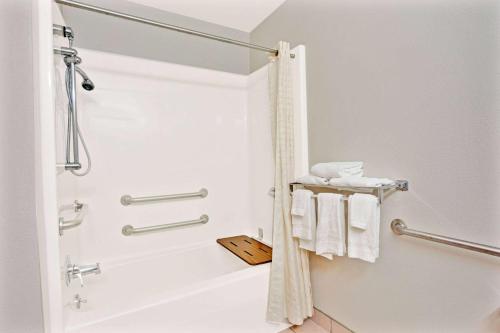 a bathroom with a shower with a shower curtain at Microtel Inn & Suites by Wyndham Detroit Roseville in Roseville