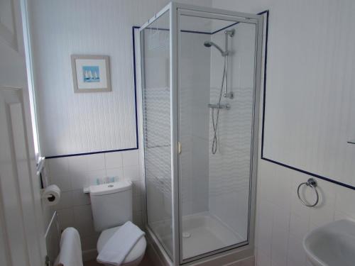 y baño con ducha, aseo y lavamanos. en Birchwood House en Paignton
