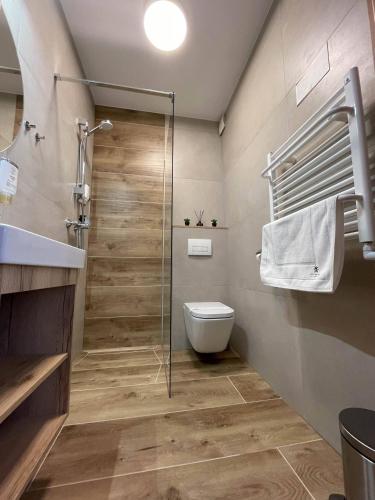 a bathroom with a shower and a toilet and a sink at Hotel Nadmorski in Łeba