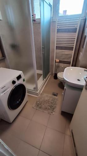 a bathroom with a toilet and a washing machine at Moon Tree *** in Varaždin