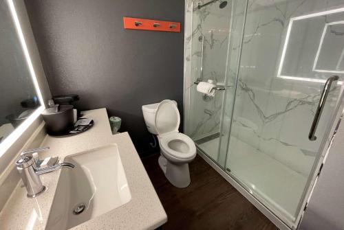 a bathroom with a shower and a toilet and a sink at La Quinta Inn & Suites by Wyndham Fayetteville I-95 in Fayetteville