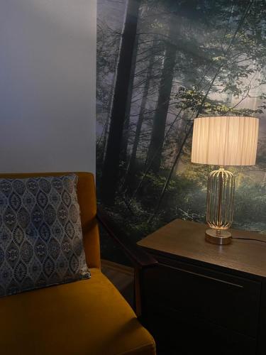 a lamp sitting on a table next to a chair at Hotel Neda Galichnik in Galičnik