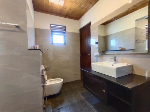 a bathroom with a sink and a toilet and a mirror at Sellamah beach Hotel in Trincomalee