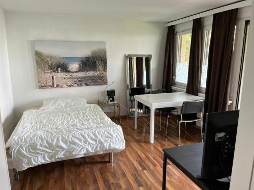 1 dormitorio con cama, escritorio y mesa en Guesthouse Juerg, en Sempach