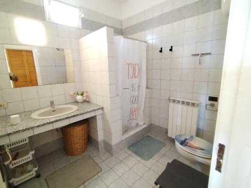 La salle de bains est pourvue d'un lavabo, d'une douche et de toilettes. dans l'établissement Villa Rosa Sea View, à Ischia
