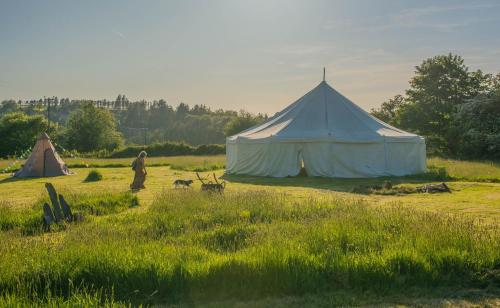 a man standing in a field next to a tent at The Rose Barn, Ysgubor y Rhosyn in Llandysul