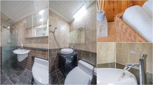three pictures of a bathroom with a toilet and a sink at Maremonte Pension in Geoje 