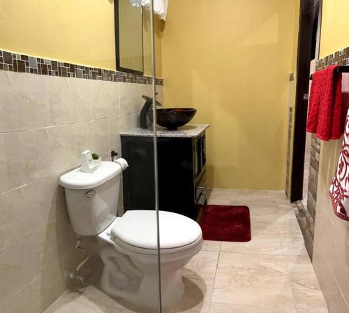 a bathroom with a toilet and a bowl on a counter at Spacious 4-Bedroom Home - Family/Group Oriented in Harbour View