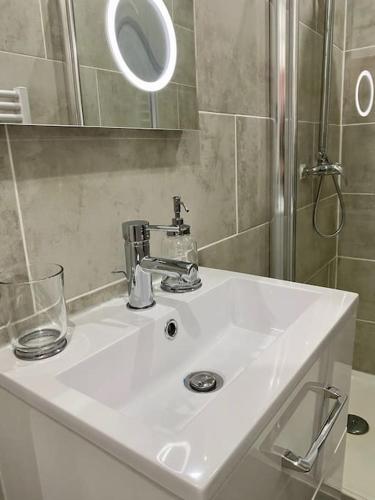 La salle de bains est pourvue d'un lavabo blanc et d'une douche. dans l'établissement Appartement T2 plein centre de Bray sur Seine, à Bray-sur-Seine