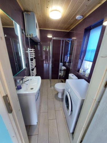Domek pod soszowem في فيسلا: حمام مع حوض استحمام وغسالة ملابس