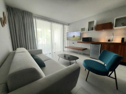 a living room with a couch and chairs and a tv at Clos de la Rivière in Saint-Denis