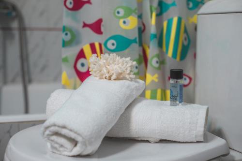 stos ręczników i butelka mydła na toalecie w obiekcie Pelion Charming Cottage, Panoramic Seaview Retreat w mieście Wolos