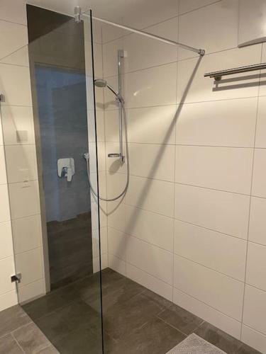 una doccia con porta in vetro in bagno di Ferienwohnung zum Glück a Weissensberg