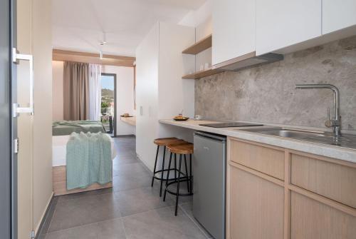 a kitchen with a sink and a counter at Asteras Hotel in Sarti