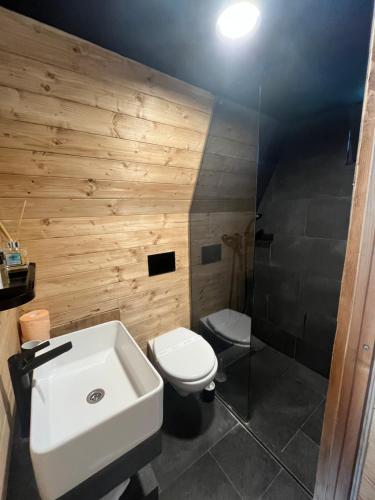 ein Badezimmer mit einem weißen Waschbecken und einem WC in der Unterkunft Perryland Urban Farm in Piatra