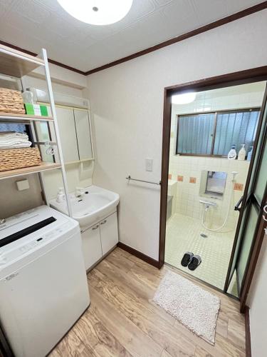 a small bathroom with a sink and a shower at Japanese House-ueno/asakusa/oshiage/ginza/narita in Tokyo