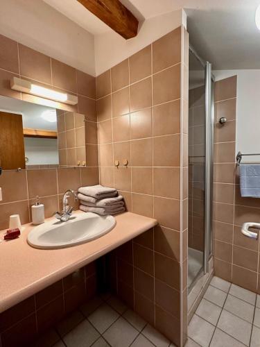 a bathroom with a sink and a shower at Chambres d'hôtes les Clapas in Chauzon
