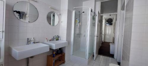 een witte badkamer met een wastafel en een douche bij Statenkwartier/Scheveningenwoning in Den Haag