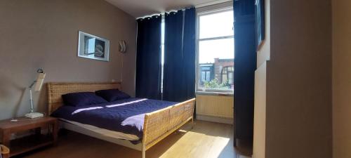 een slaapkamer met een bed en een raam met blauwe gordijnen bij Statenkwartier/Scheveningenwoning in Den Haag