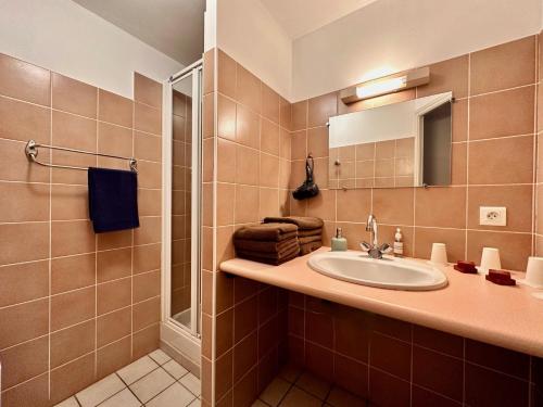 bagno con lavandino e specchio di Chambres d'hôtes les Clapas a Chauzon