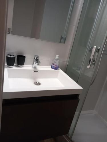 une salle de bain avec un lavabo blanc et une douche dans l'établissement Appartement La Baule Le Cocon des Lilas, à La Baule