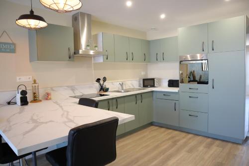 une cuisine avec des armoires vertes et un réfrigérateur blanc dans l'établissement Appartement 1 chambre ambiance tropicale - centre de Bourbourg, terrasse privée, à Bourbourg