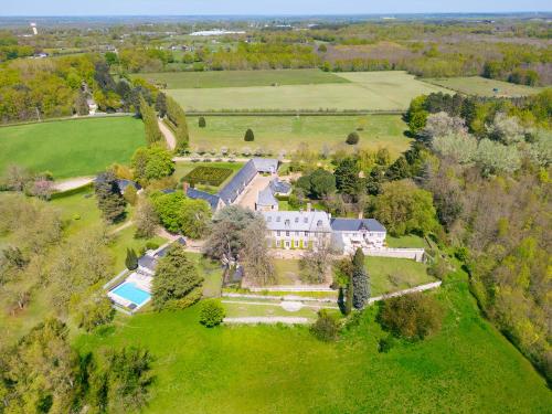 an aerial view of a large house in a field at Château De Noirieux in Briollay