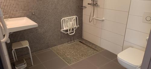 a bathroom with a shower with a sink and a toilet at Hotel Le Majestic Canet plage in Canet-en-Roussillon