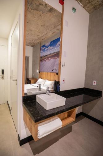 a bathroom with a sink and a large mirror at CAMPOS DE HOLAMBRA INN in Paranapanema