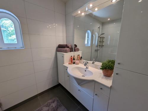 La salle de bains est pourvue d'un lavabo et d'un miroir. dans l'établissement Stylish Guesthouse with 2 Free E-bikes - near Breda!, à Etten-Leur