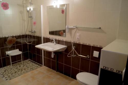 W łazience znajduje się umywalka, toaleta i lustro. w obiekcie Au domaine de chasse w mieście Beauvoir-de-Marc