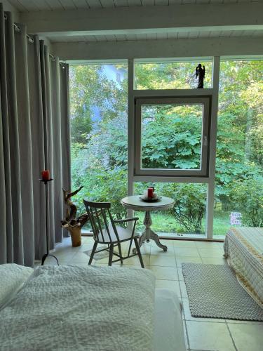 een slaapkamer met een raam en een tafel en stoelen bij Haus am Schloss in Heimesreutin