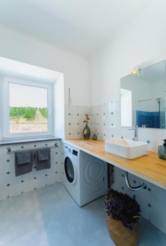 a bathroom with a washing machine and a sink at Monte da Várzea da Rainha in Óbidos