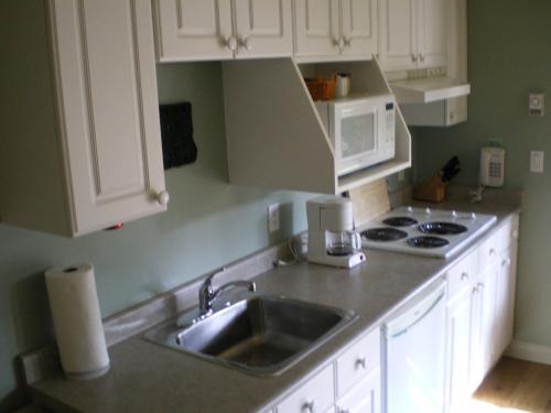 a kitchen with a sink and a microwave at Nestledown B&B in Halfmoon Bay