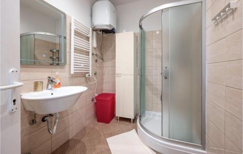 uma casa de banho com um lavatório e um chuveiro em Cozy Home In Pula With Wifi em Pula