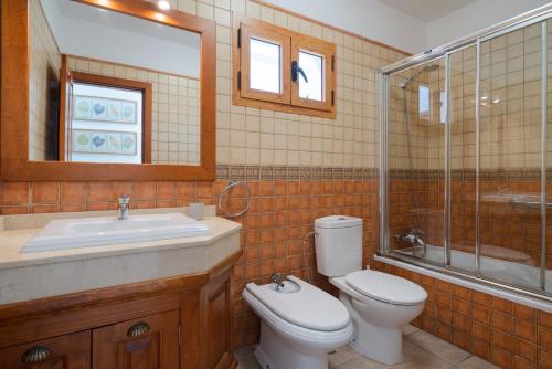 ein Bad mit einem WC, einem Waschbecken und einer Dusche in der Unterkunft Sabbia Suites Sea View La Playita in Puerto del Carmen