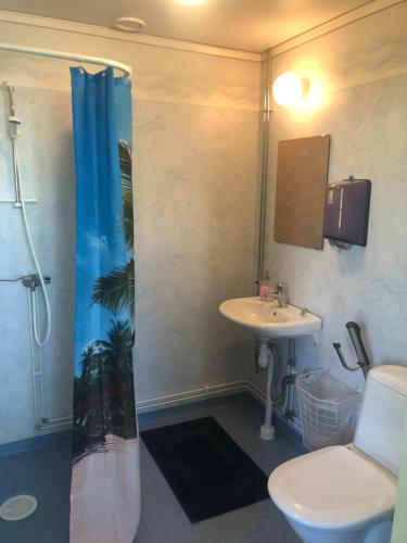 a bathroom with a shower and a sink and a toilet at Betel Hem in Hällefors