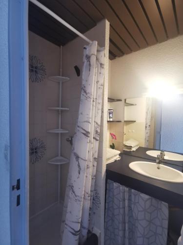 une salle de bain avec un rideau de douche et un lavabo dans l'établissement Studio meublé 4 à 6 couchages residence le Lagon Bleu Le Grau du Roi, au Grau-du-Roi