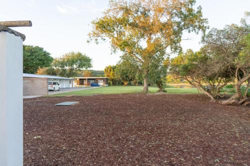 a large yard with a tree and a house at Brinkley's River Village in Klein Brak Rivier