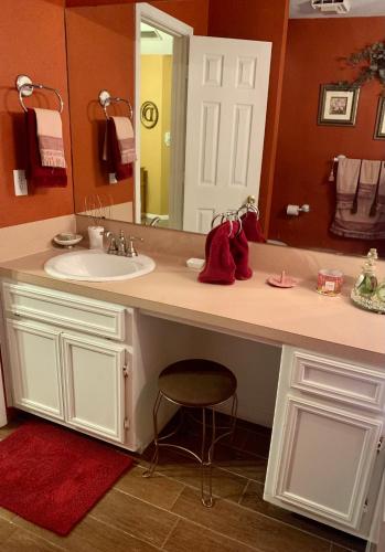 a bathroom with a sink and a large mirror at Live Oak Home in Salado