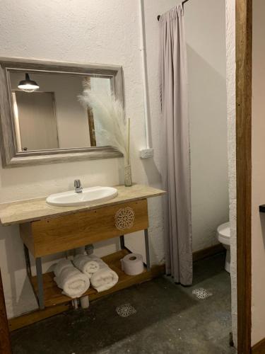 a bathroom with a sink and a mirror and a toilet at Hotel Casa Lucca in Medellín