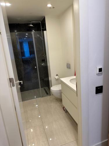 e bagno con doccia, servizi igienici e lavandino. di Prime İstanbul Residances Deluxe 2 Bedroom Flat a Istanbul